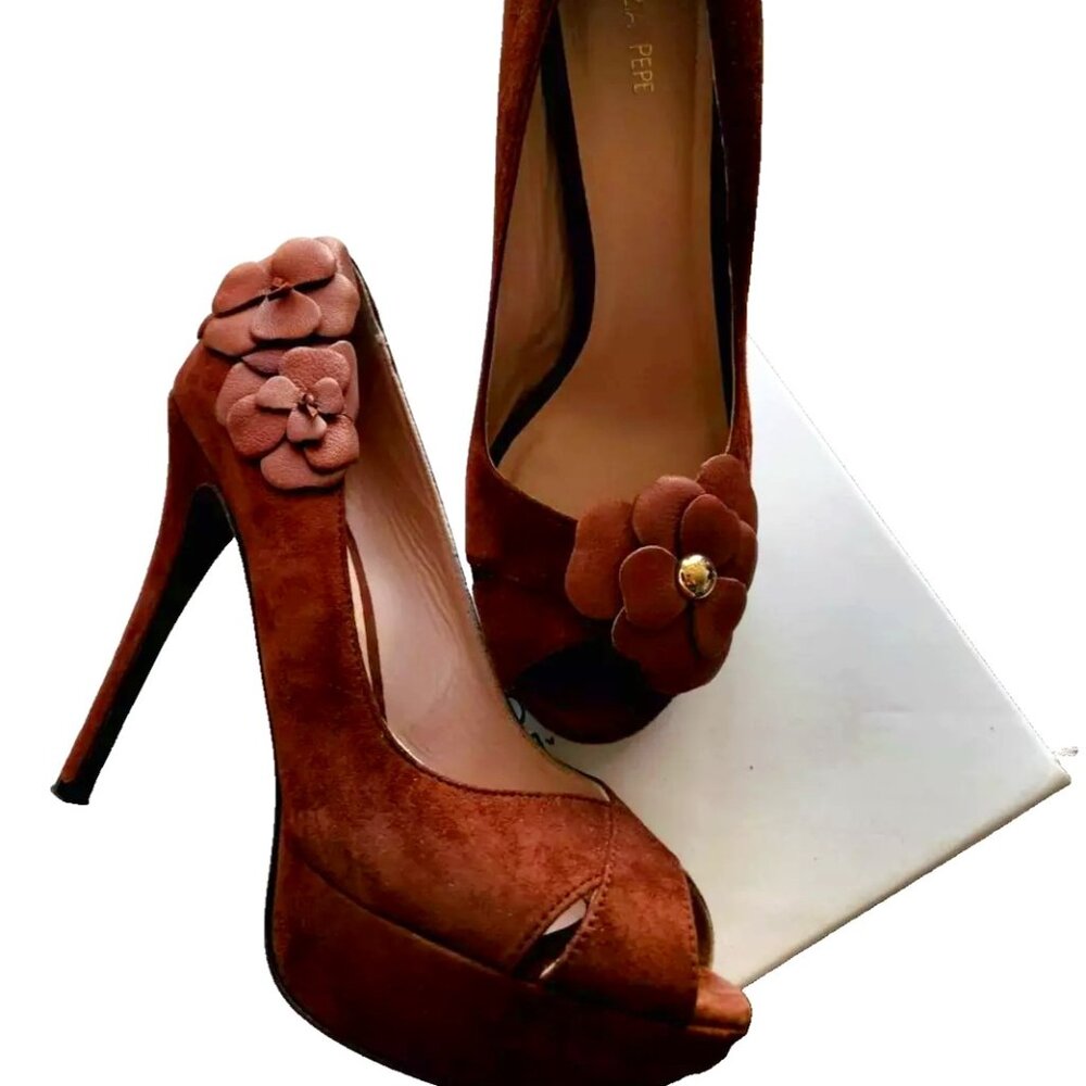 ✨PATRIZIA PEPE Suede Cognac Brown 3D Camelia Flowers Peep Toe Heels US 8.5 IT 39